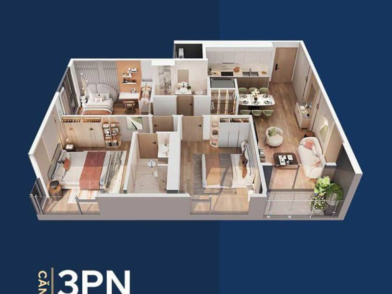 Mặt bằng 3PN ban công rộng được nhiều khách hàng lựa chọn