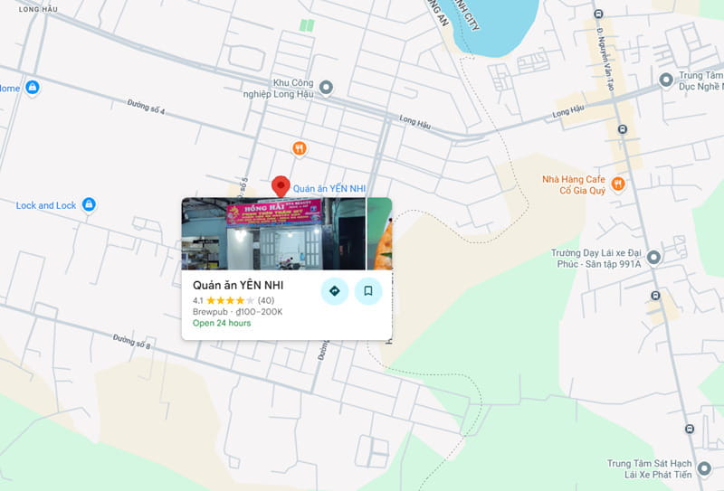 Quán ăn bình dân Yến Nhi trong khu dân cư Long Hậu, giao thông thuận lợi, dễ tìm