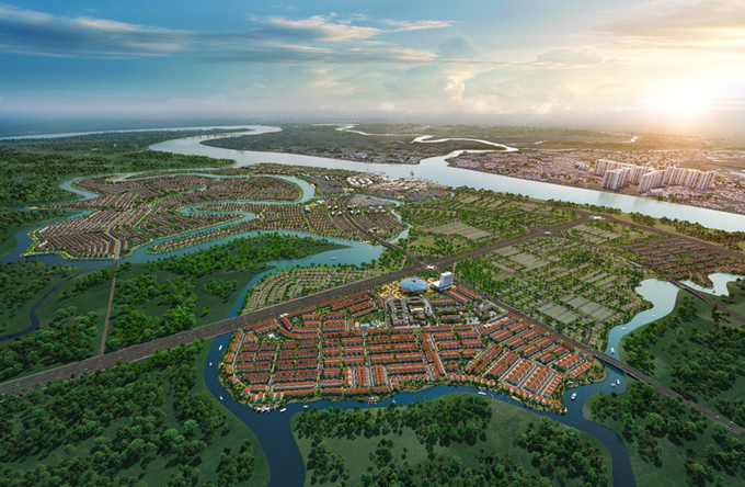 Phối cảnh dự án Aqua City quy mô gần 1.000ha, được bao bọc bởi hệ thống các con sông lớn.